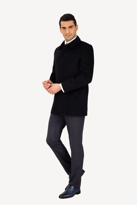 Erkek Lacivert Mono Yaka Kısa Kaban