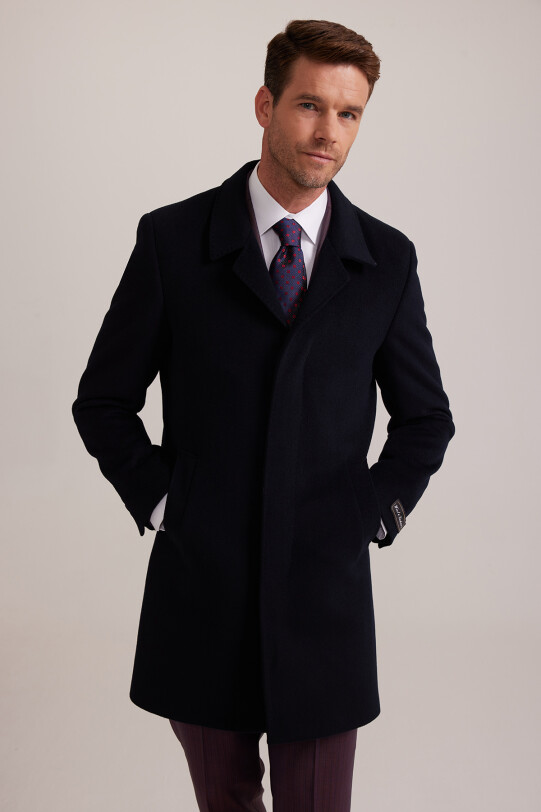 Erkek Lacivert Regular Fit Mono Yaka Kaşmir Palto