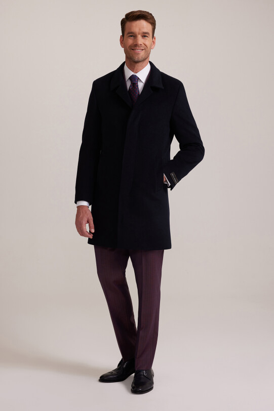 Erkek Lacivert Regular Fit Mono Yaka Kaşmir Palto