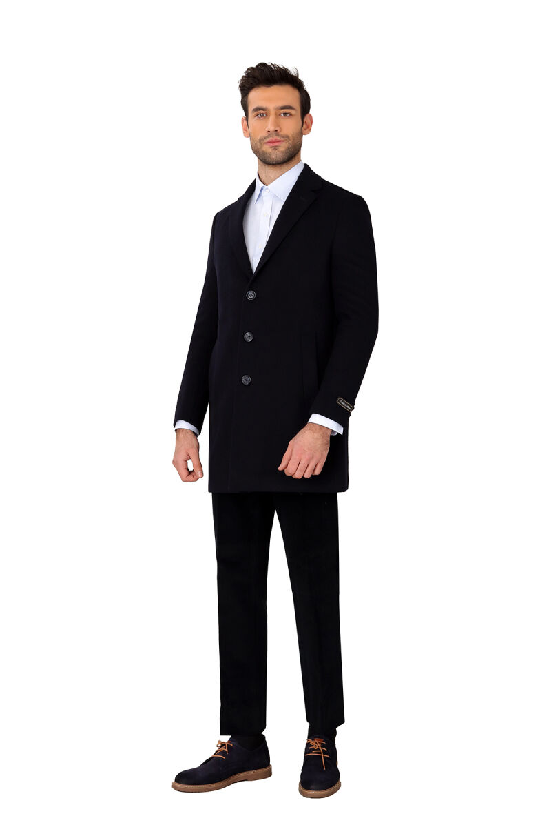 Erkek Lacivert Regular Fit Mono Yaka Kaşmir Karışımlı Palto - 2