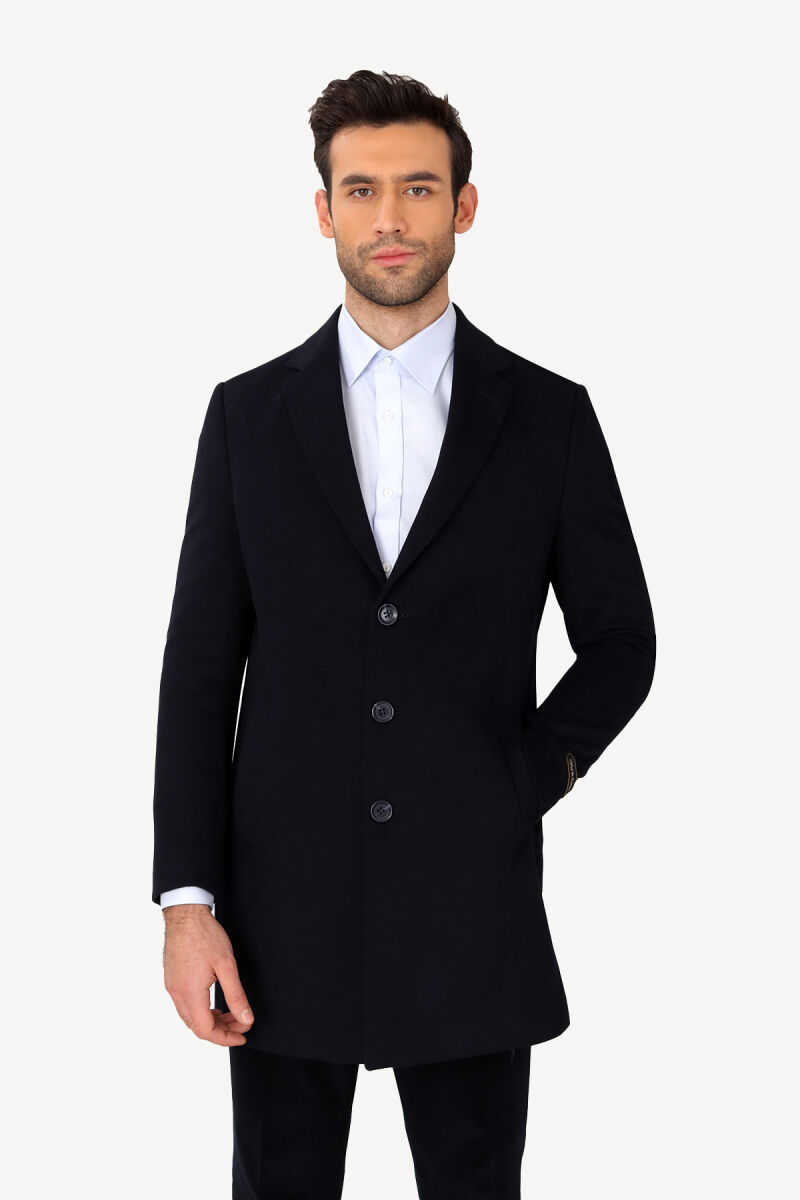 Erkek Lacivert Regular Fit Mono Yaka Kaşmir Karışımlı Palto - 3