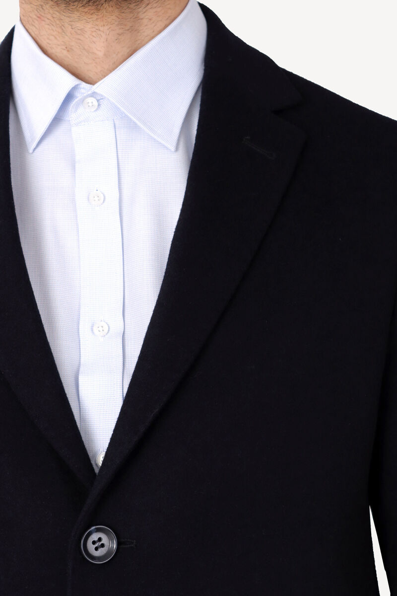 Erkek Lacivert Regular Fit Mono Yaka Kaşmir Karışımlı Palto - 4