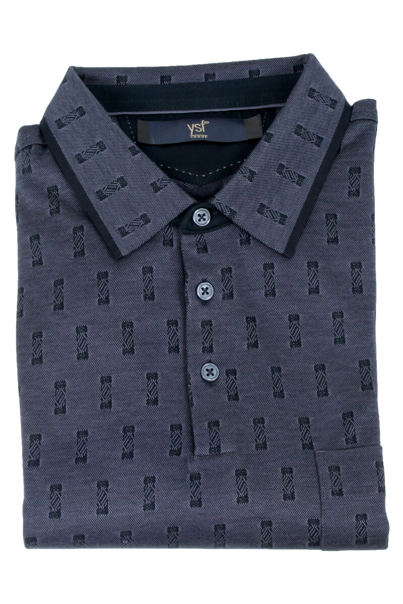 Erkek Lacivert Polo Yaka Desenli Klasik Sweatshirt - 1