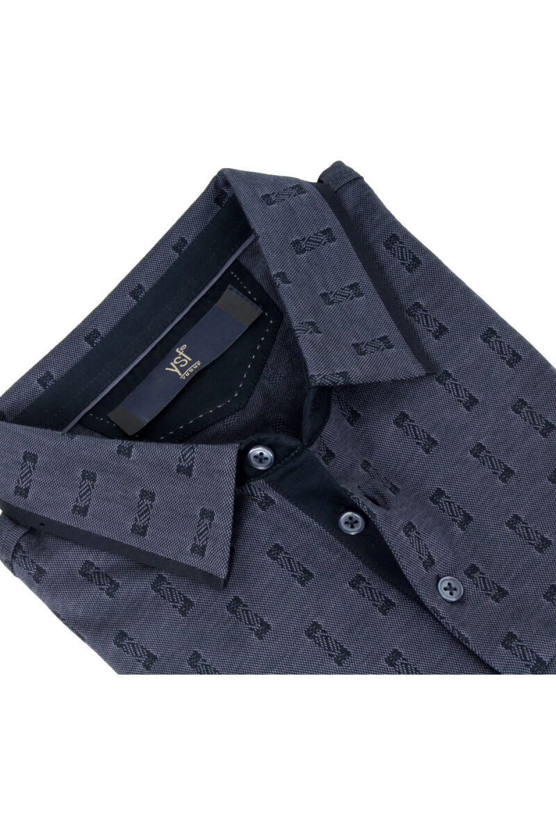 Erkek Lacivert Polo Yaka Desenli Klasik Sweatshirt - 2