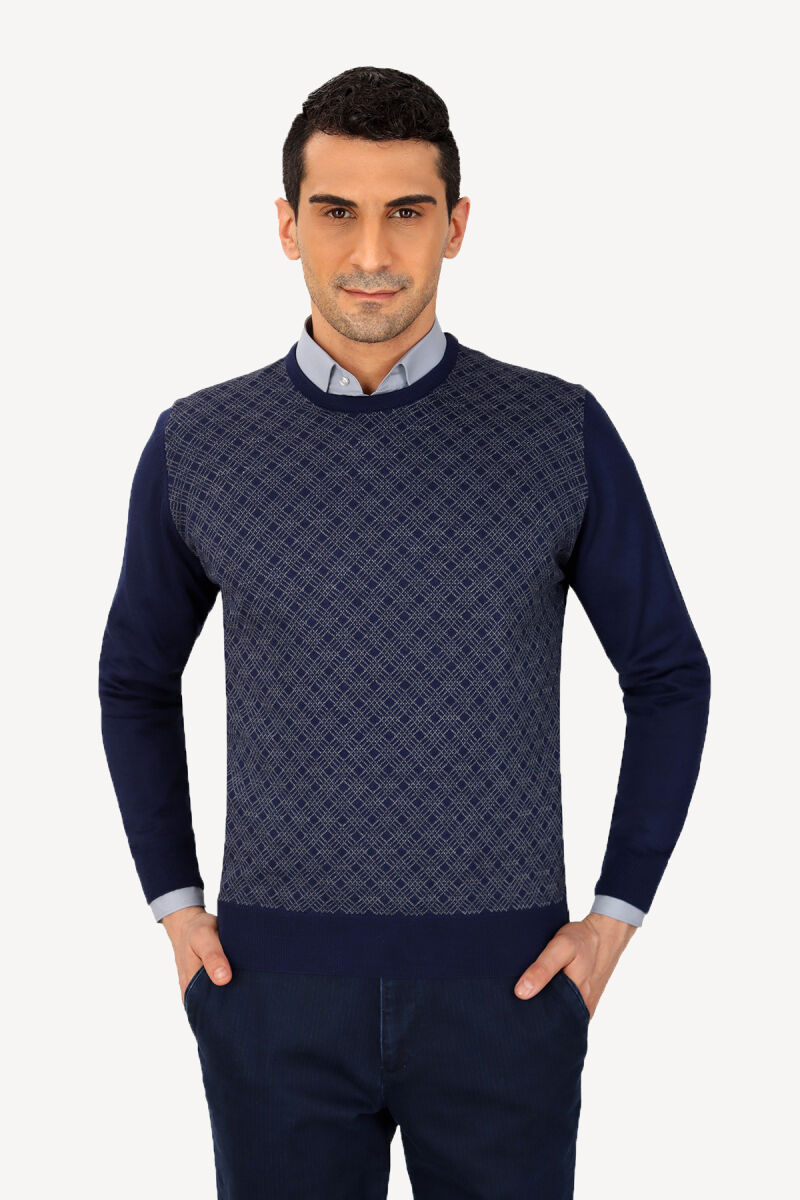 Erkek Lacivert Bisiklet Yaka Desenli Klasik Triko - 1