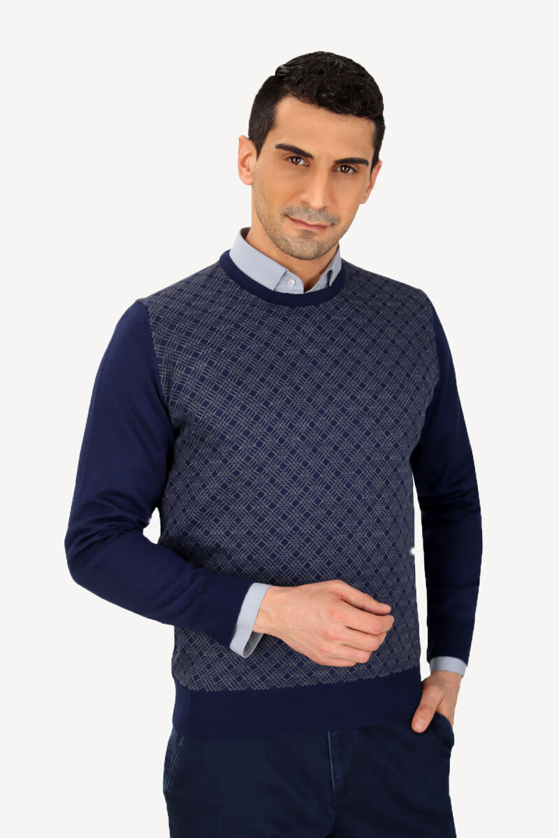 Erkek Lacivert Bisiklet Yaka Desenli Klasik Triko - 2