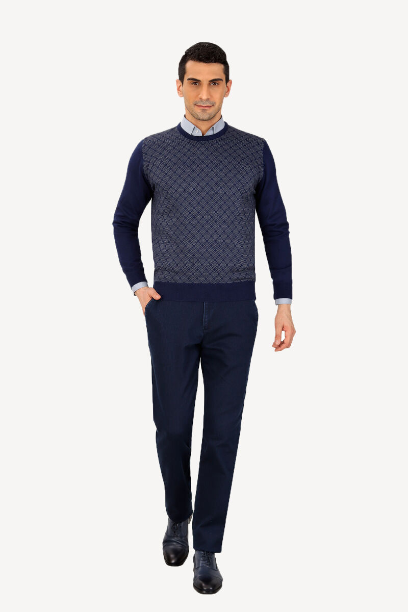 Erkek Lacivert Bisiklet Yaka Desenli Klasik Triko - 3