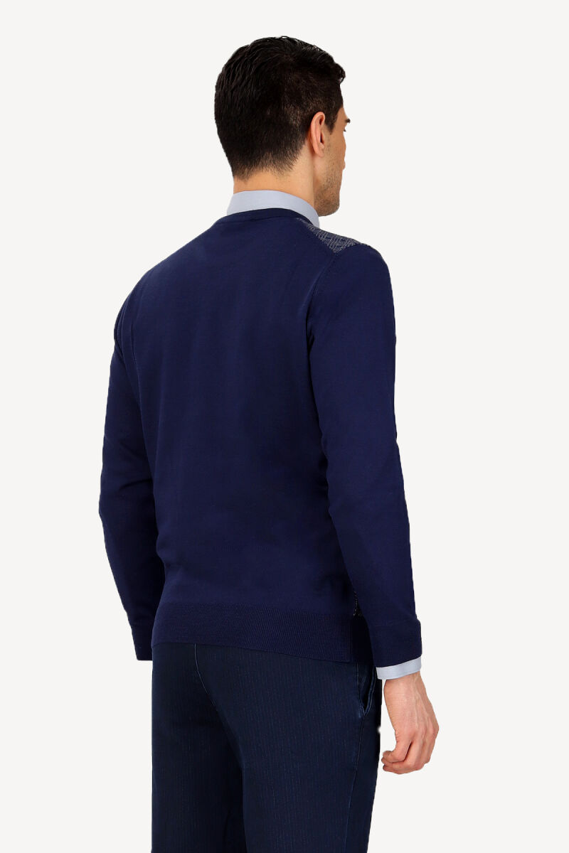 Erkek Lacivert Bisiklet Yaka Desenli Klasik Triko - 4