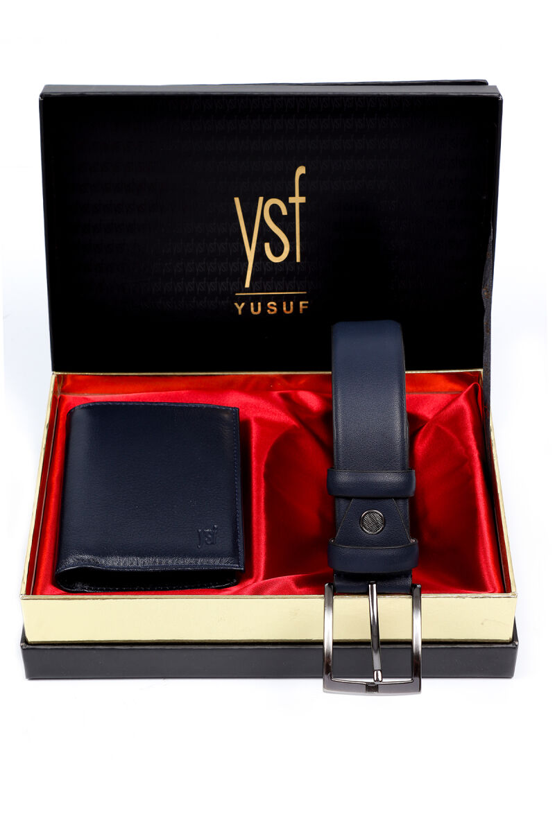 Erkek Lacivert Deri Cüzdan Kemer Set - 1