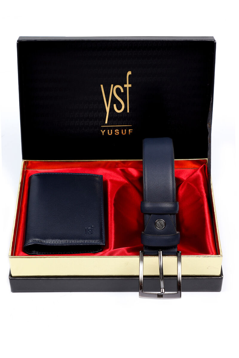 Erkek Lacivert Deri Cüzdan Kemer Set - 2