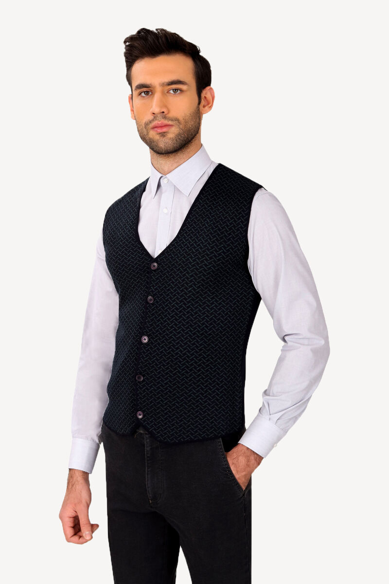 Erkek Lacivert Desenli Klasik Triko Yelek - 1