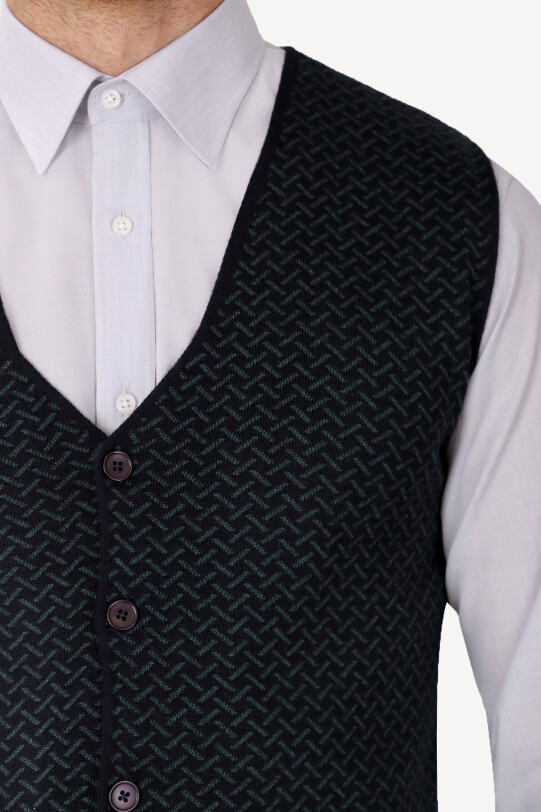 Erkek Lacivert Desenli Klasik Triko Yelek