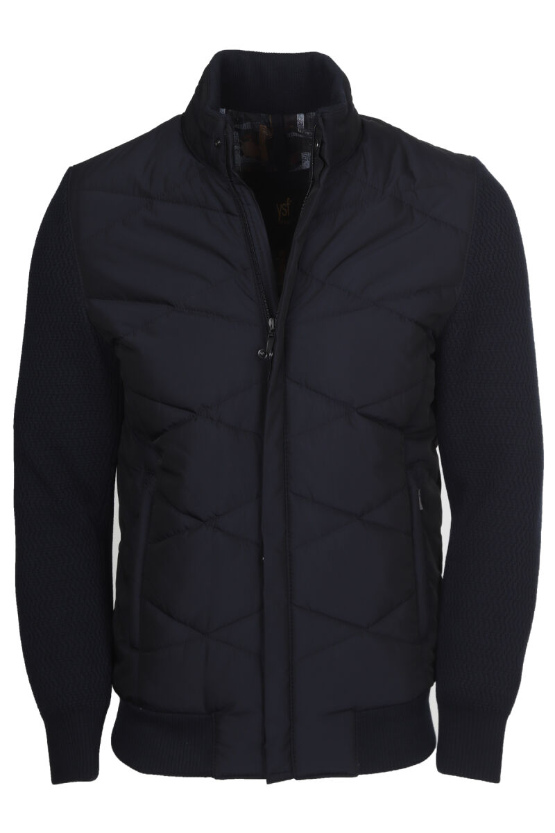 Erkek Lacivert Dik Yaka Desenli Triko Kol Spor Mont - 1