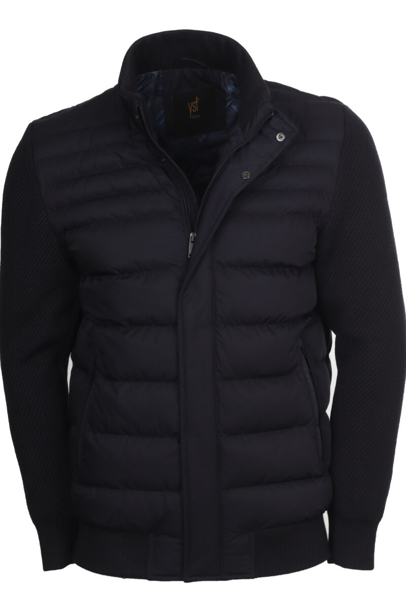 Erkek Lacivert Dik Yaka Desenli Triko Kol Spor Mont - 1