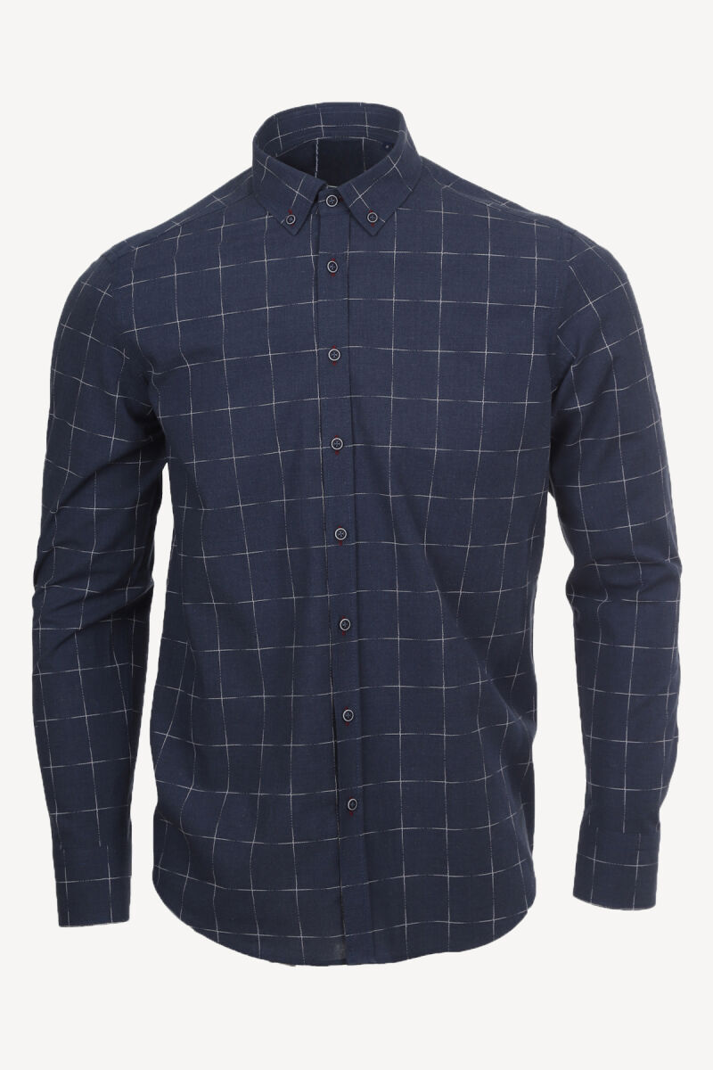 Erkek Lacivert Kareli Klasik Uzun Kollu Gömlek - 1