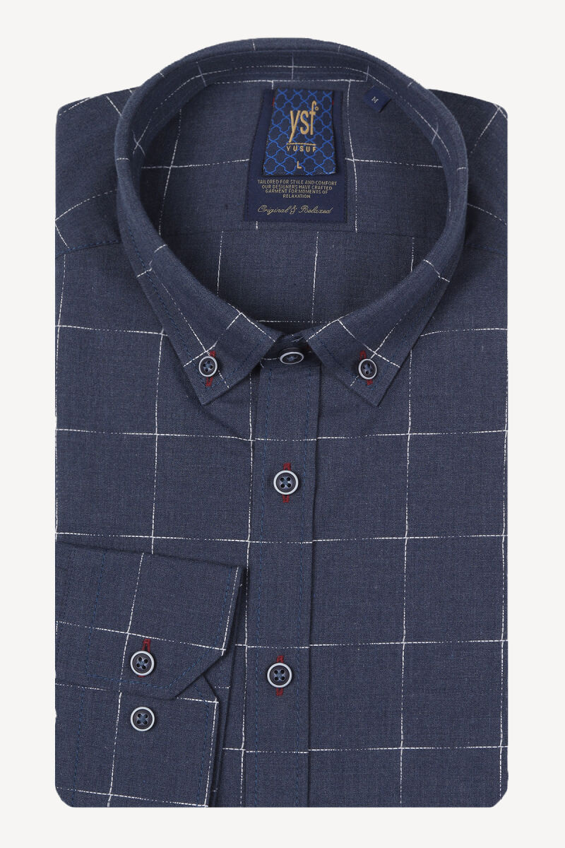 Erkek Lacivert Kareli Klasik Uzun Kollu Gömlek - 3