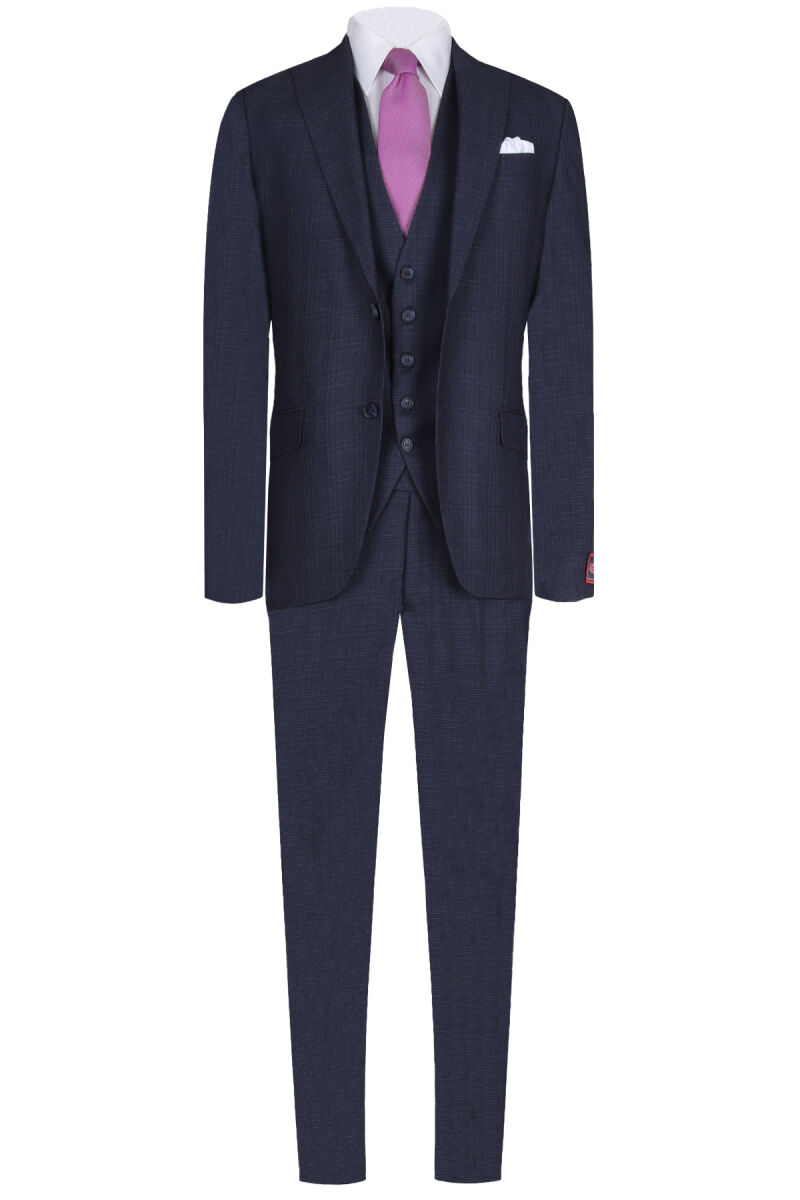 Erkek Lacivert Kareli Slim Fit Yelekli Takım Elbise - 1