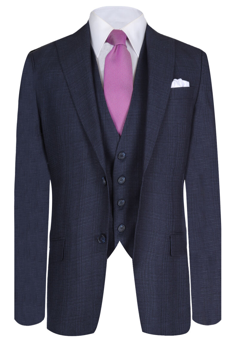 Erkek Lacivert Kareli Slim Fit Yelekli Takım Elbise - 2