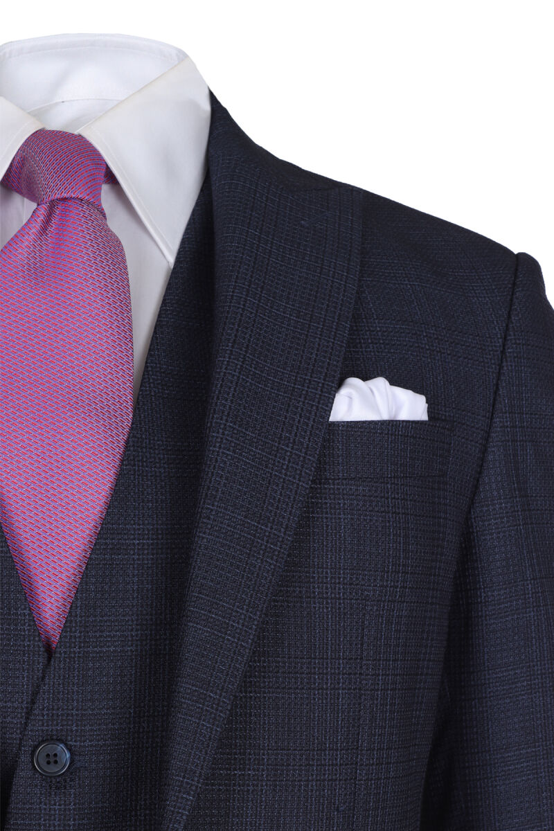 Erkek Lacivert Kareli Slim Fit Yelekli Takım Elbise - 3