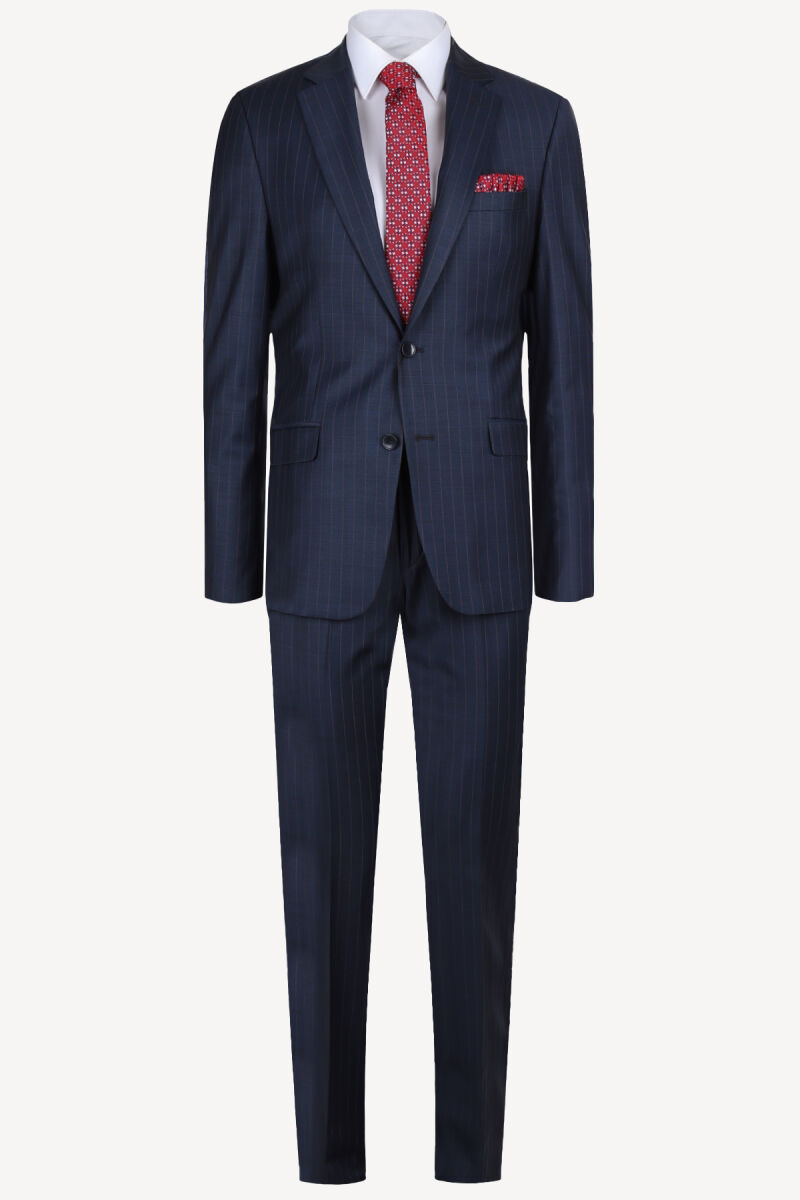 Erkek Lacivert Klasik %100 Yün Çizgili Takım Elbise - 1