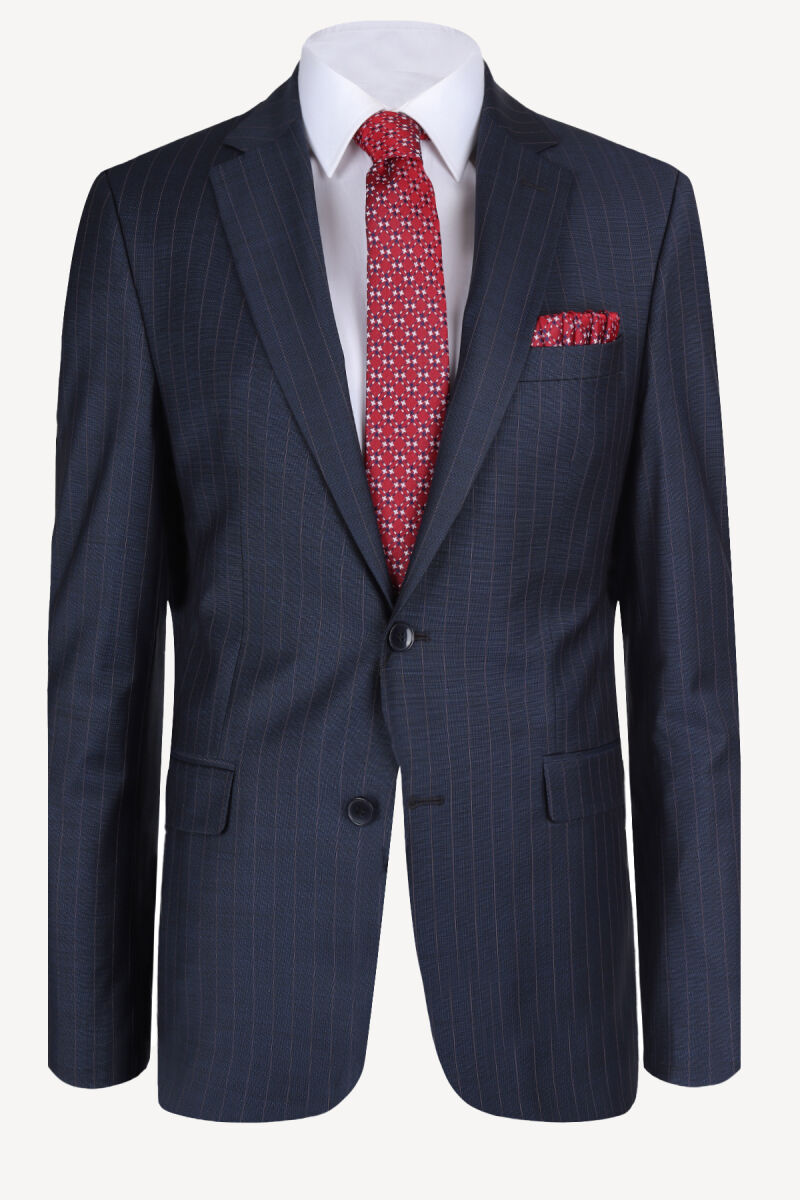 Erkek Lacivert Klasik %100 Yün Çizgili Takım Elbise - 2