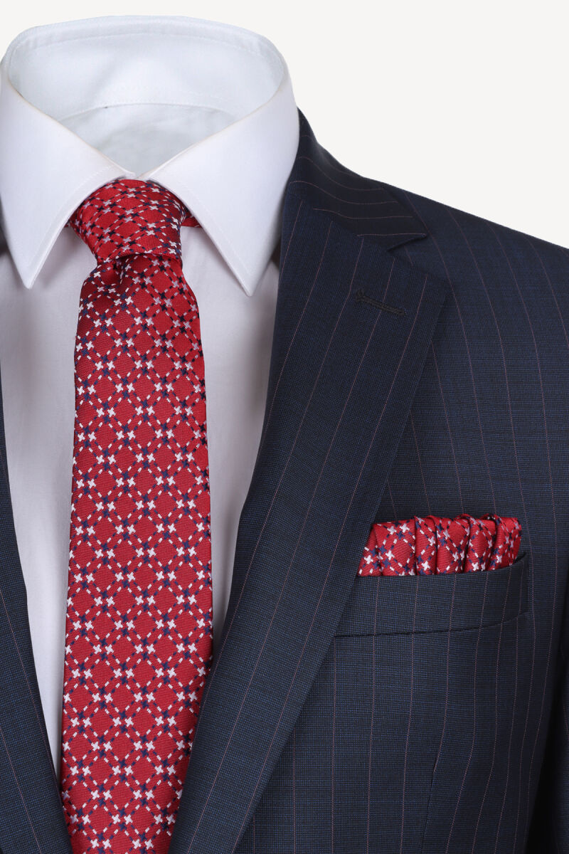 Erkek Lacivert Klasik %100 Yün Çizgili Takım Elbise - 3