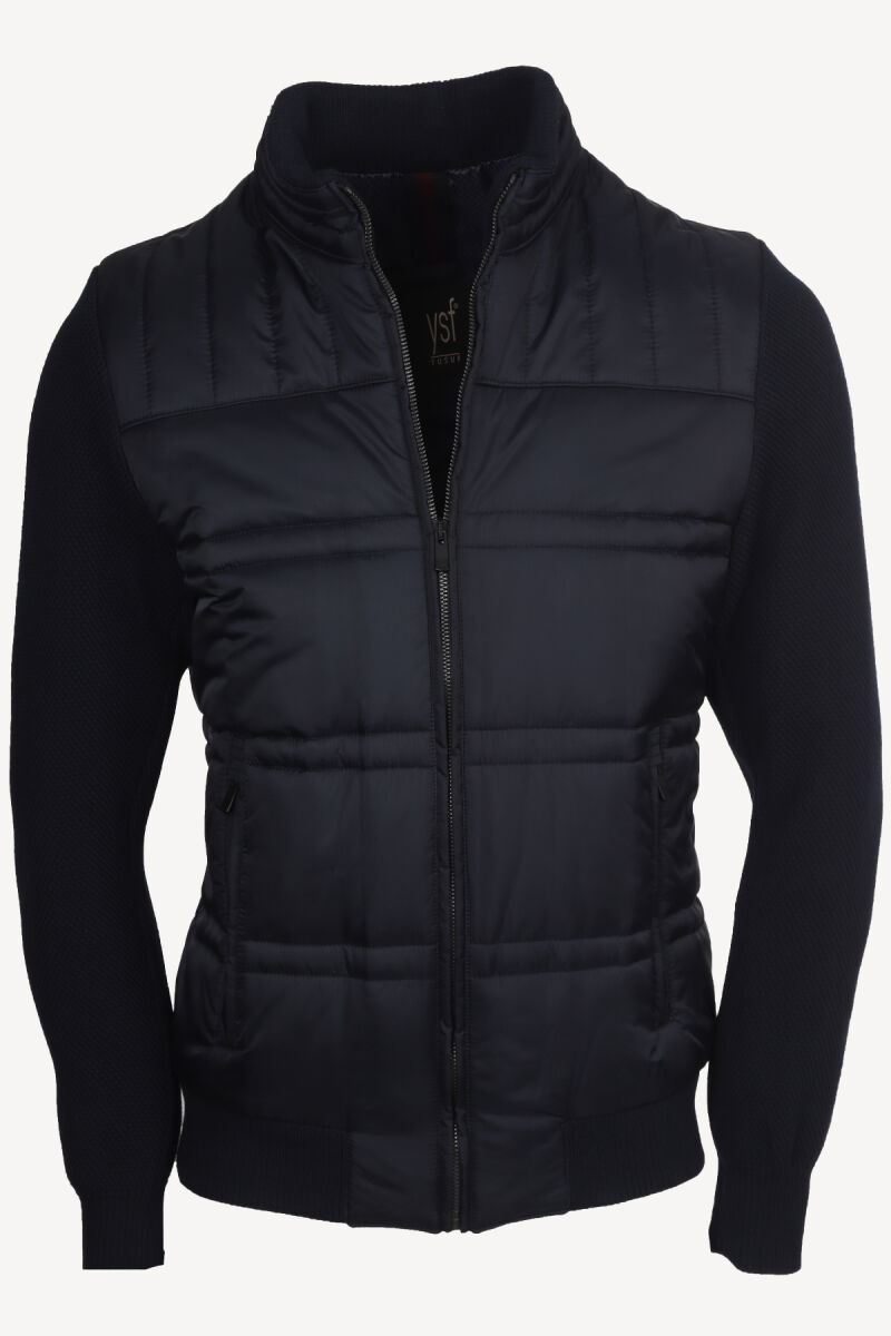 Erkek Lacivert Klasik Desenli Triko Kol Spor Mont - 1