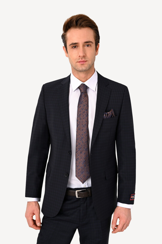 Erkek Lacivert Klasik Kareli Takım Elbise