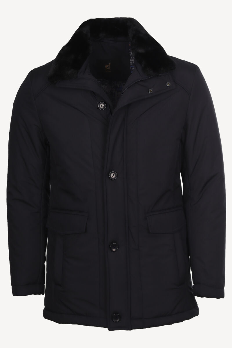 Erkek Lacivert Kürklü Yaka Klasik Kaban - 1