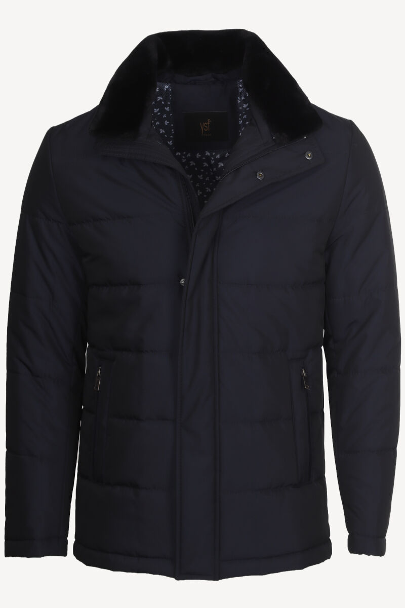 Erkek Lacivert Kürklü Yaka Klasik Kaban - 1