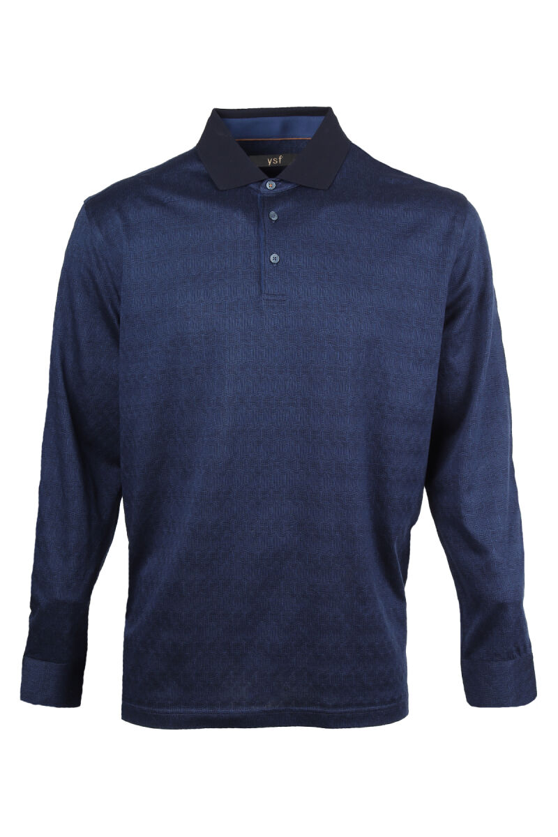 Erkek Lacivert Polo Yaka Desenli Klasik Sweatshirt - 1