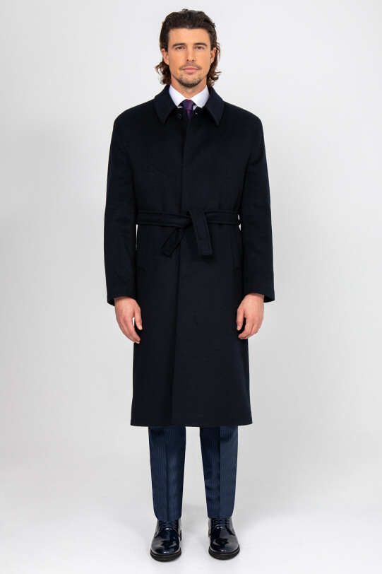 Erkek Lacivert Regular Fit Kaşmir Uzun Kuşaklı Palto