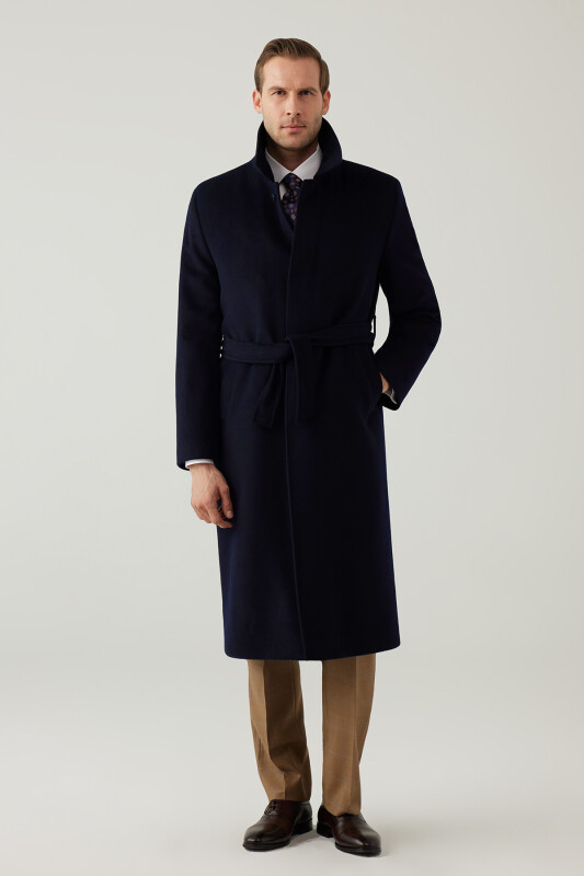 Erkek Lacivert Regular Fit Kaşmir Uzun Kuşaklı Palto