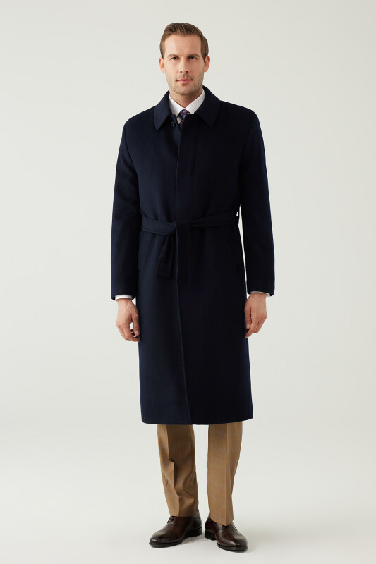 Erkek Lacivert Regular Fit Kaşmir Uzun Kuşaklı Palto