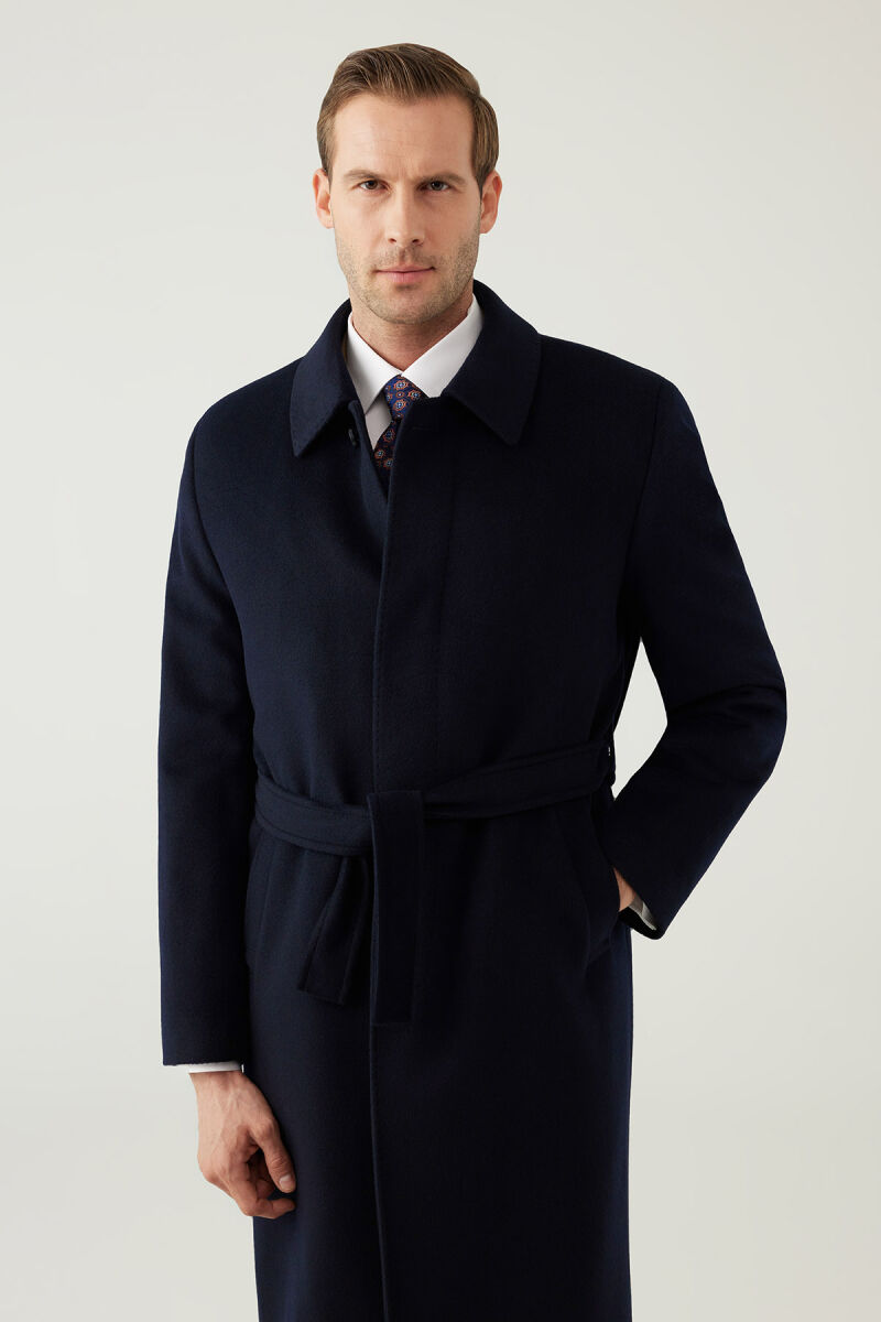 Erkek Lacivert Regular Fit Kaşmir Uzun Kuşaklı Palto - 3