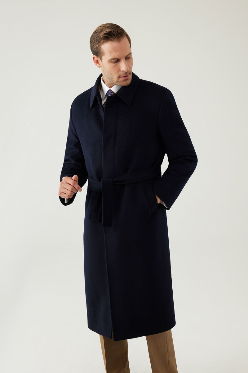 Erkek Lacivert Regular Fit Kaşmir Uzun Kuşaklı Palto - 4