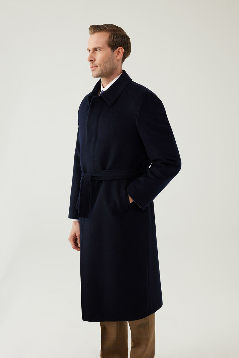 Erkek Lacivert Regular Fit Kaşmir Uzun Kuşaklı Palto - 5
