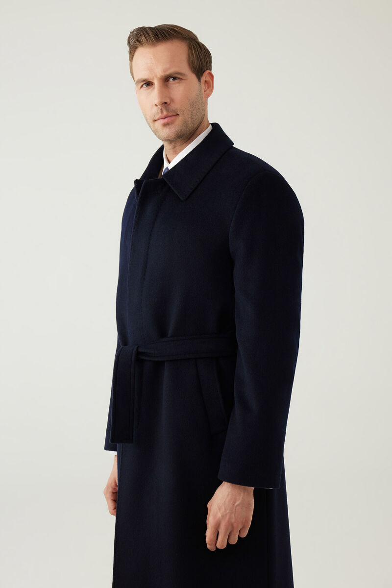 Erkek Lacivert Regular Fit Kaşmir Uzun Kuşaklı Palto - 6
