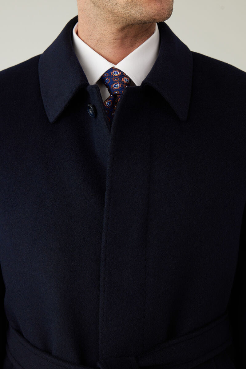 Erkek Lacivert Regular Fit Kaşmir Uzun Kuşaklı Palto - 7