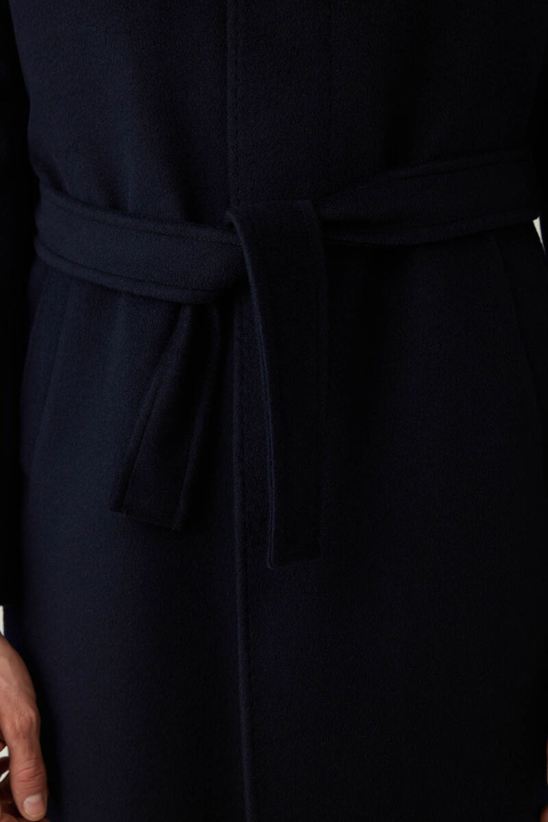 Erkek Lacivert Regular Fit Kaşmir Uzun Kuşaklı Palto - 8
