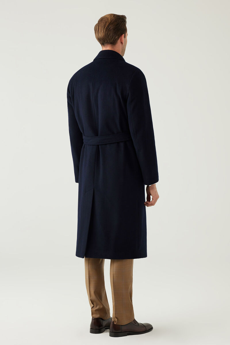 Erkek Lacivert Regular Fit Kaşmir Uzun Kuşaklı Palto - 9