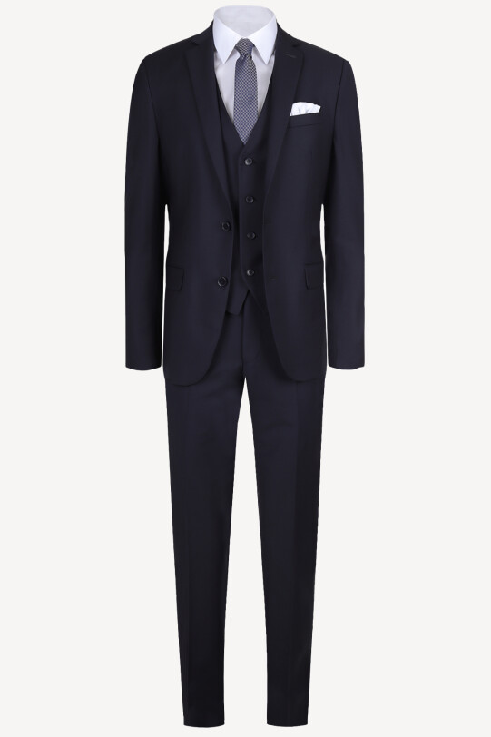 Erkek Lacivert Slim Fit Yelekli Takım Elbise