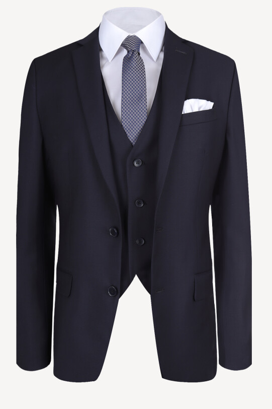 Erkek Lacivert Slim Fit Yelekli Takım Elbise