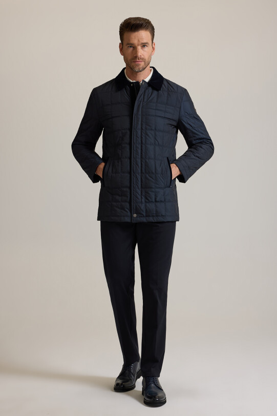 Erkek Lacivert Spor Kürklü Yaka Klasik Kaban