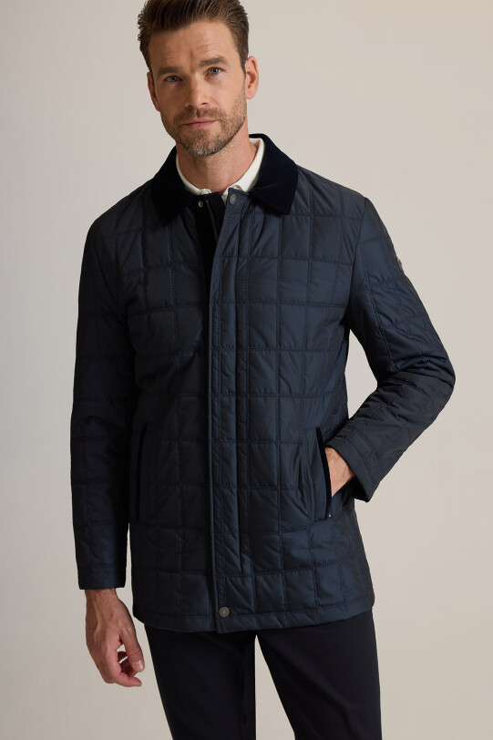 Erkek Lacivert Spor Kürklü Yaka Klasik Kaban