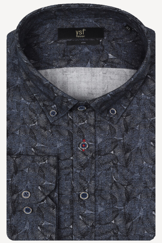 Erkek Lacivert Uzun Kol Slim Fit Desenli Gömlek