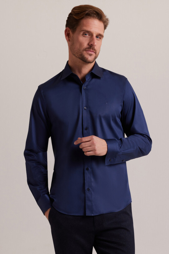 Erkek Lacivert Uzun Kol Slim Fit Saten Gömlek