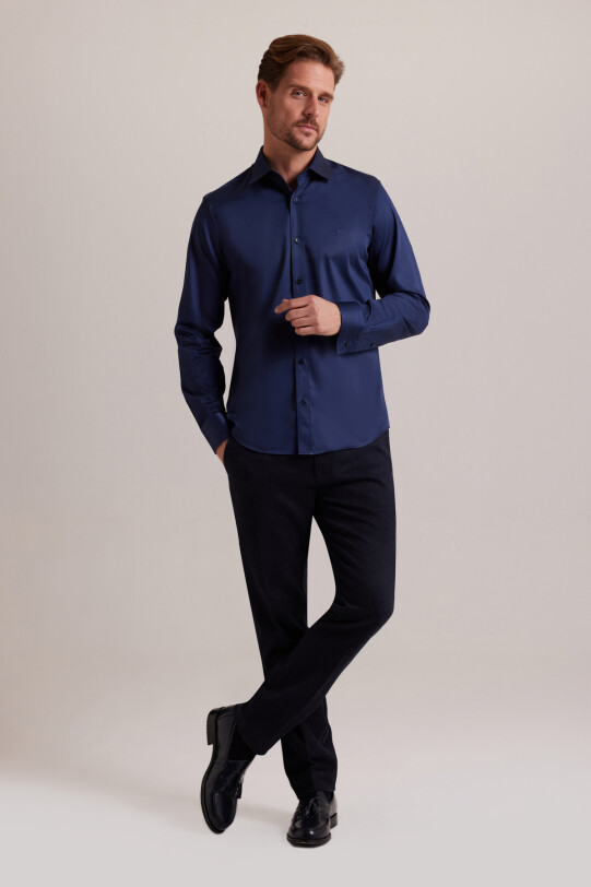 Erkek Lacivert Uzun Kol Slim Fit Saten Gömlek