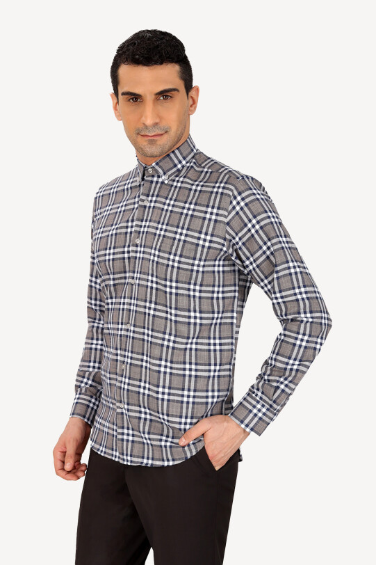 Erkek Lacivert Uzun Kol Spor Kareli Gömlek - YSF