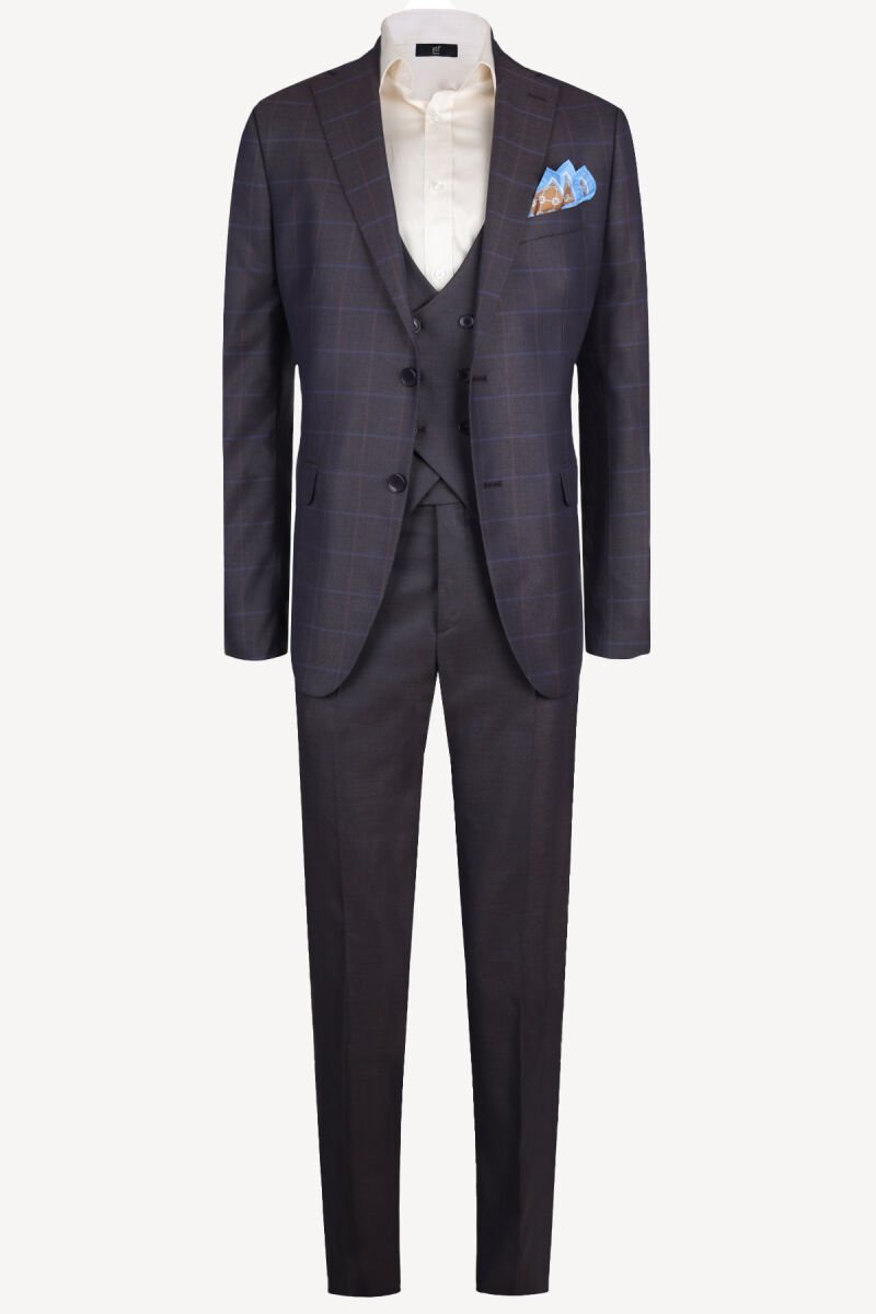 Erkek Lacivert Yelekli Ekose Regular Fit Takım Elbise - 1